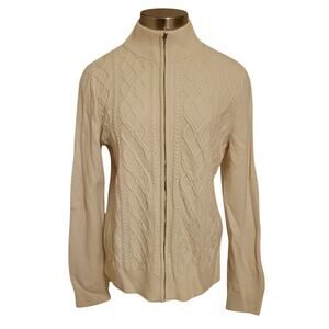 Talbots Lambswool Blend Cable Knit Full Zip Up Front Sweater Cream Womens Size L